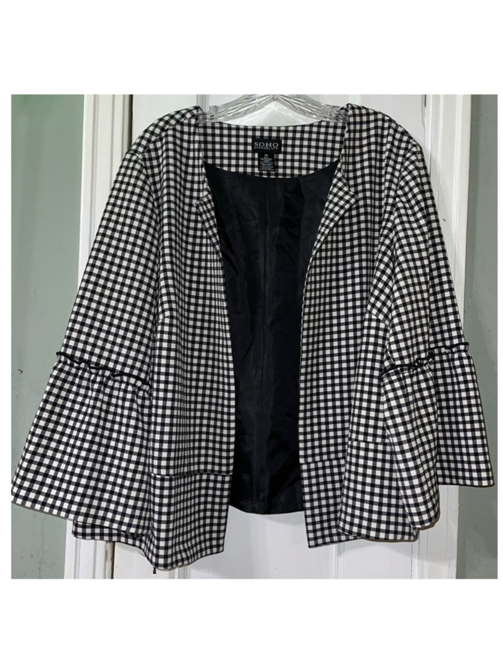 Soho Black & White Gingham Bell-Sleeve Blazer